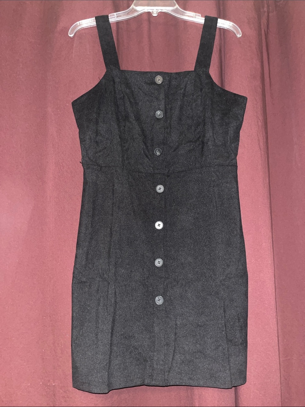 Classic Black Button-Front Square-Neck Corduroy Dress
